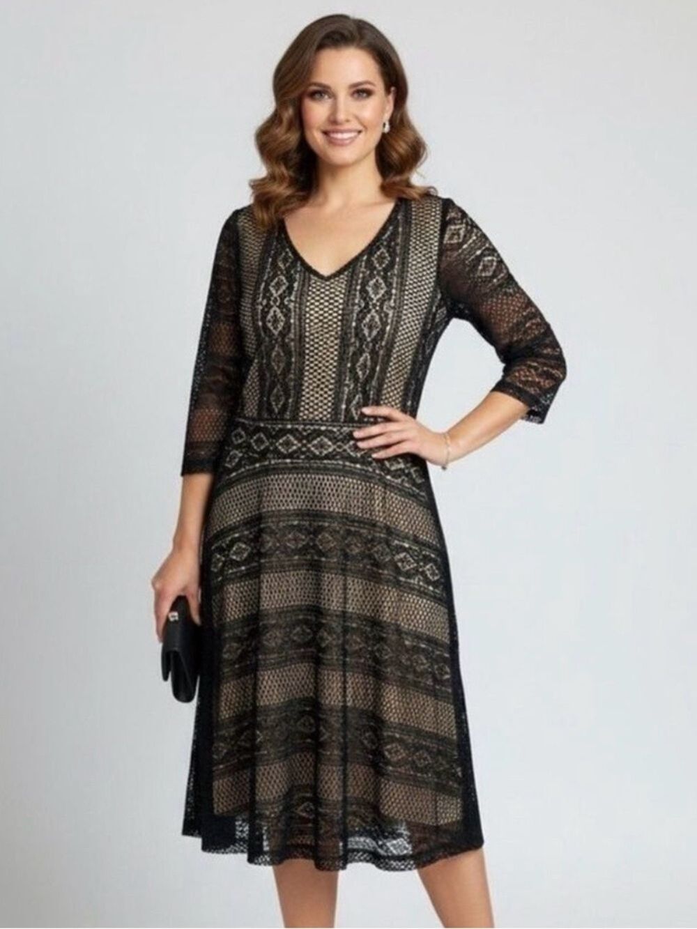 Lane Bryant Lace Stretch Dress Plus Size 14/16 Black Nude Fit & Flare Party Chic